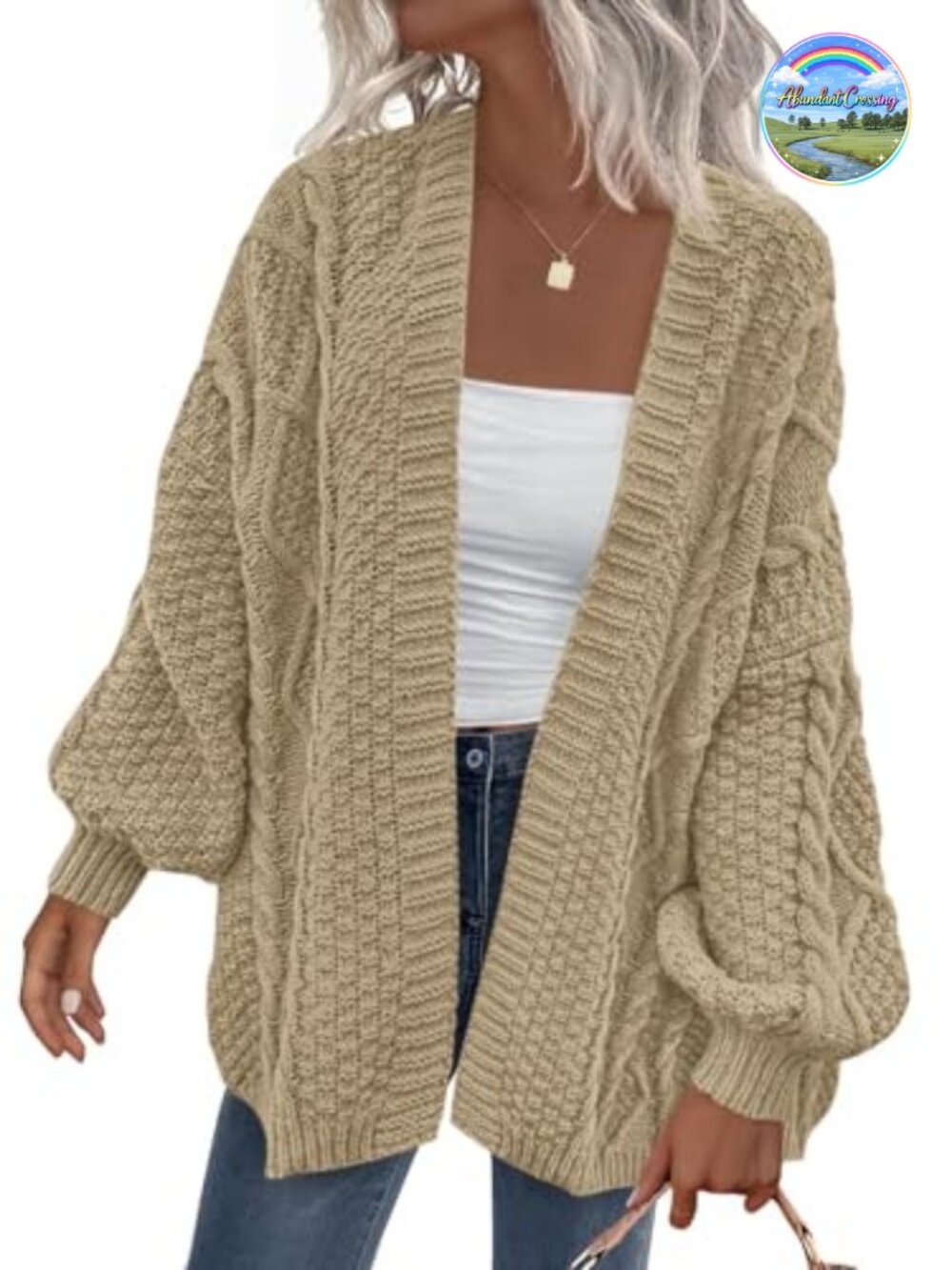 Cable Knit Open Front Chunky Cardigan Lantern Long Sleeve Oversized Sweater